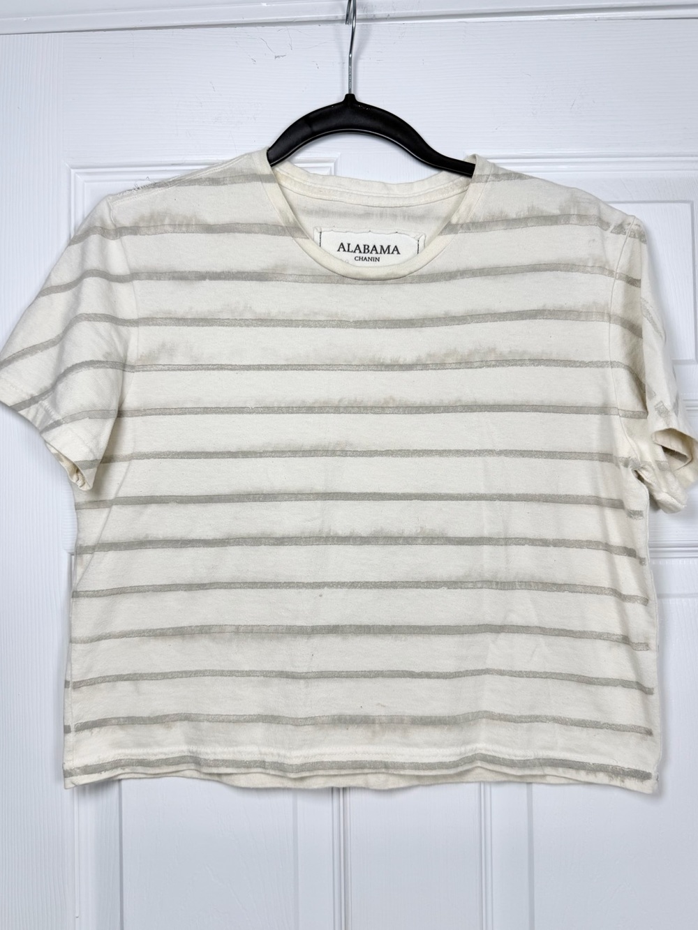 Alabama Chanin Size S • White Gray Stripe Organic Cotton T-shirt.
